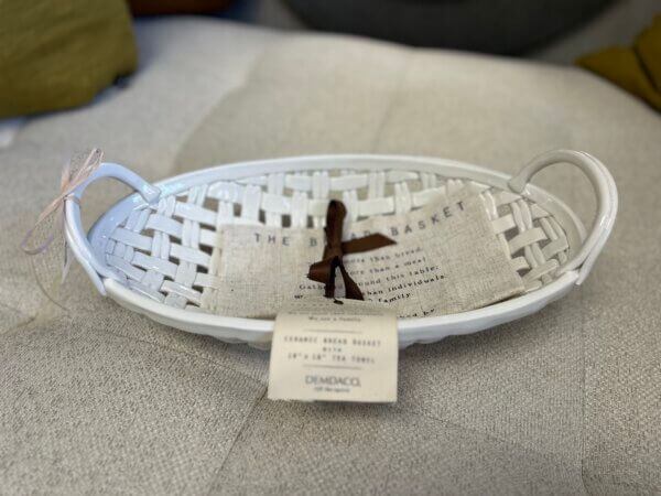 White Ceramic Bread Basket & Towel