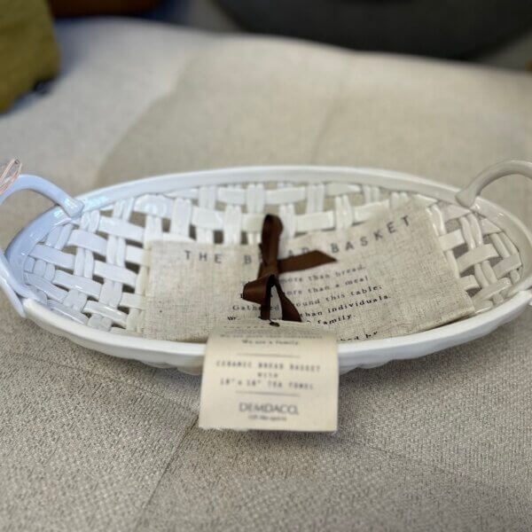 White Ceramic Bread Basket & Towel